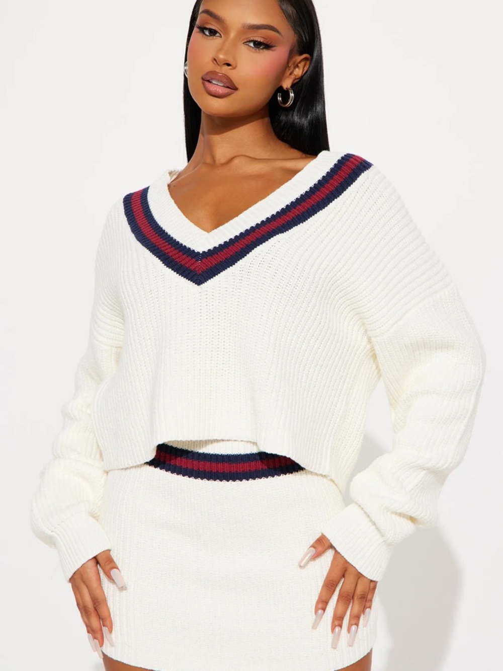 Fashion Nova Cream Ribbed Sweater Skirt Set with Navy & Red Stripe